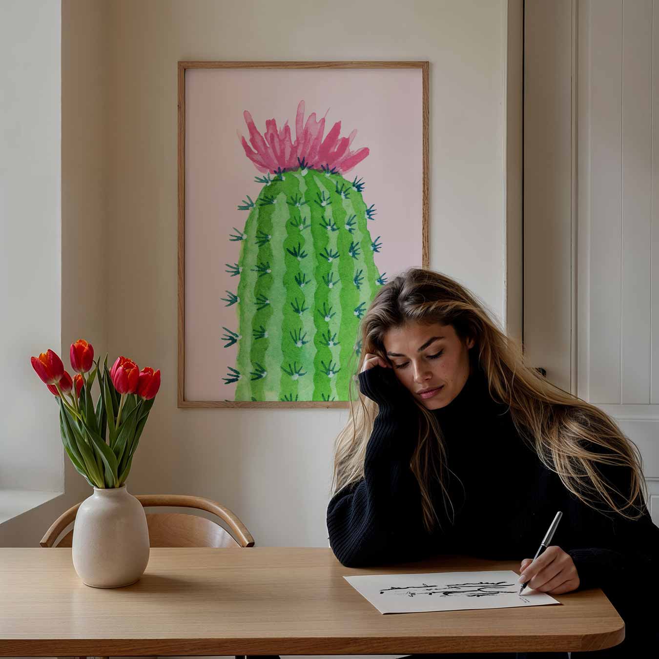 Cactus met Bloem Poster-WallArtistic