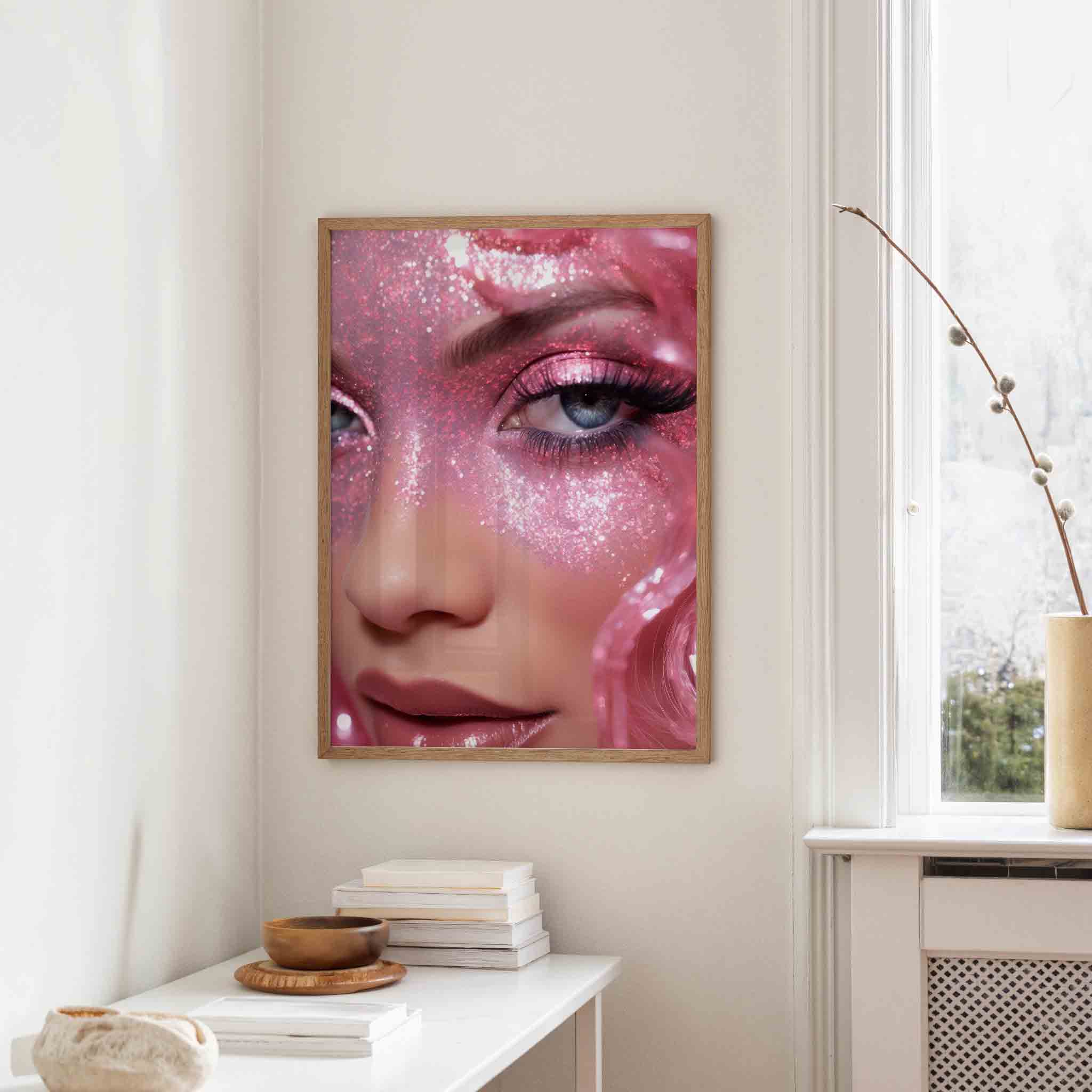 Glinsterende roze gezicht Poster