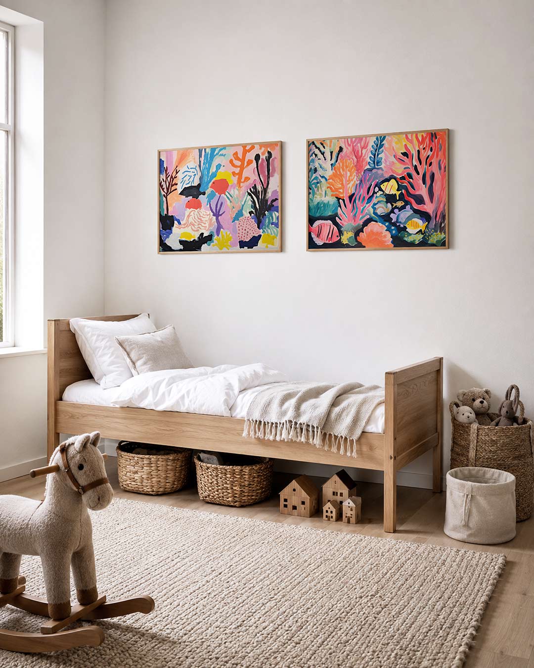 Twee liggende posters met organische vormen en levendige kleuren, aan de muur in een interieur