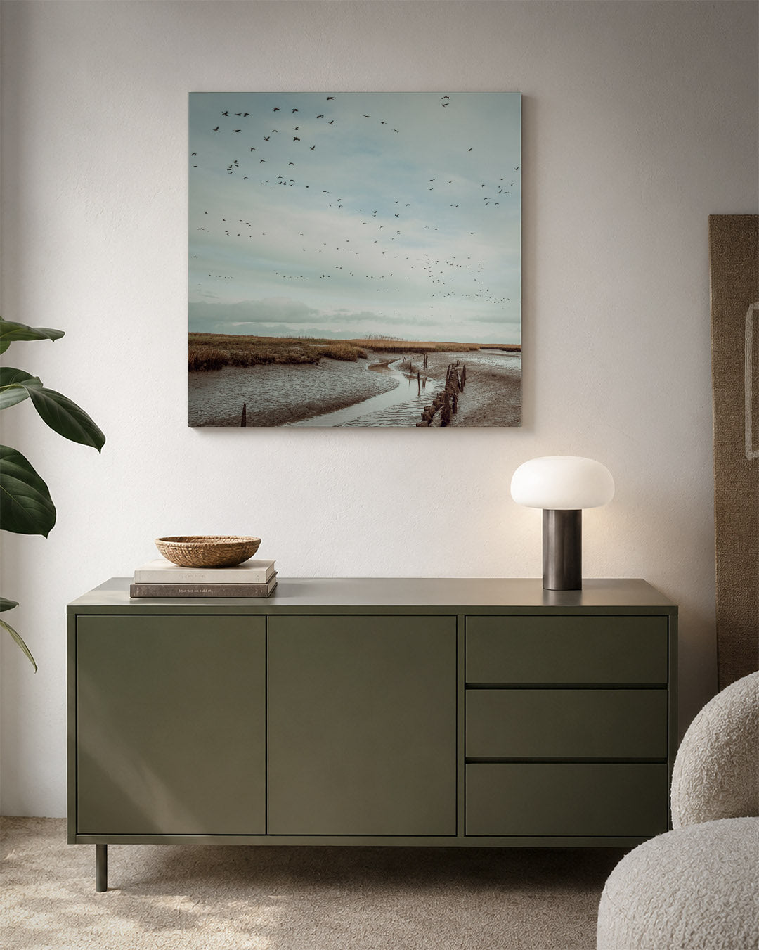 Vogels boven landschap Kunstwerk