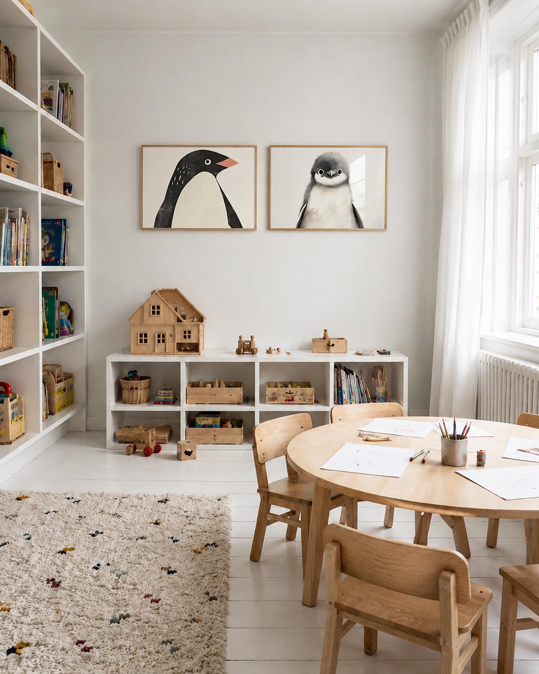 Twee liggende posters met een speelse pinguïn met een zwart-wit kleurenschema, aan de muur in een interieur