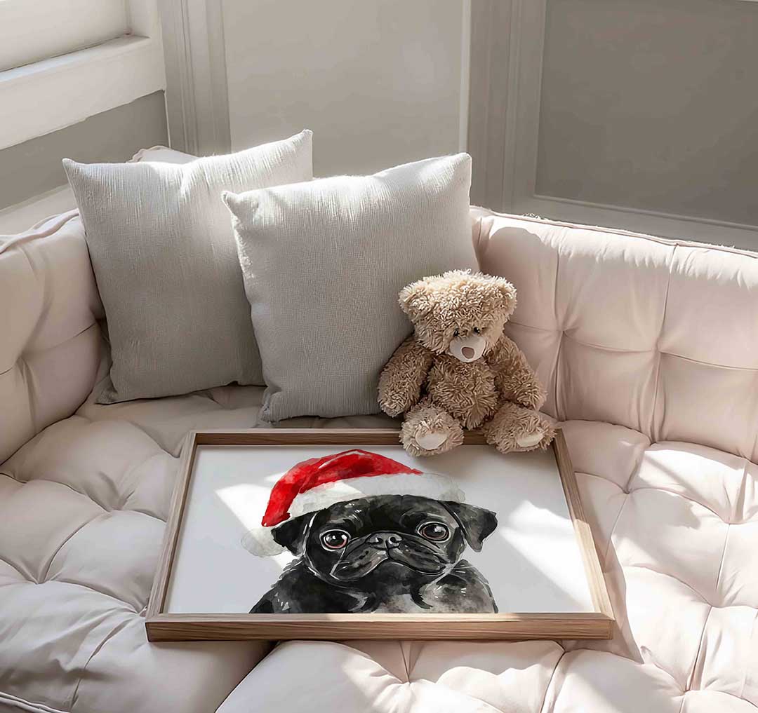 Mopshond met kerstmuts Poster