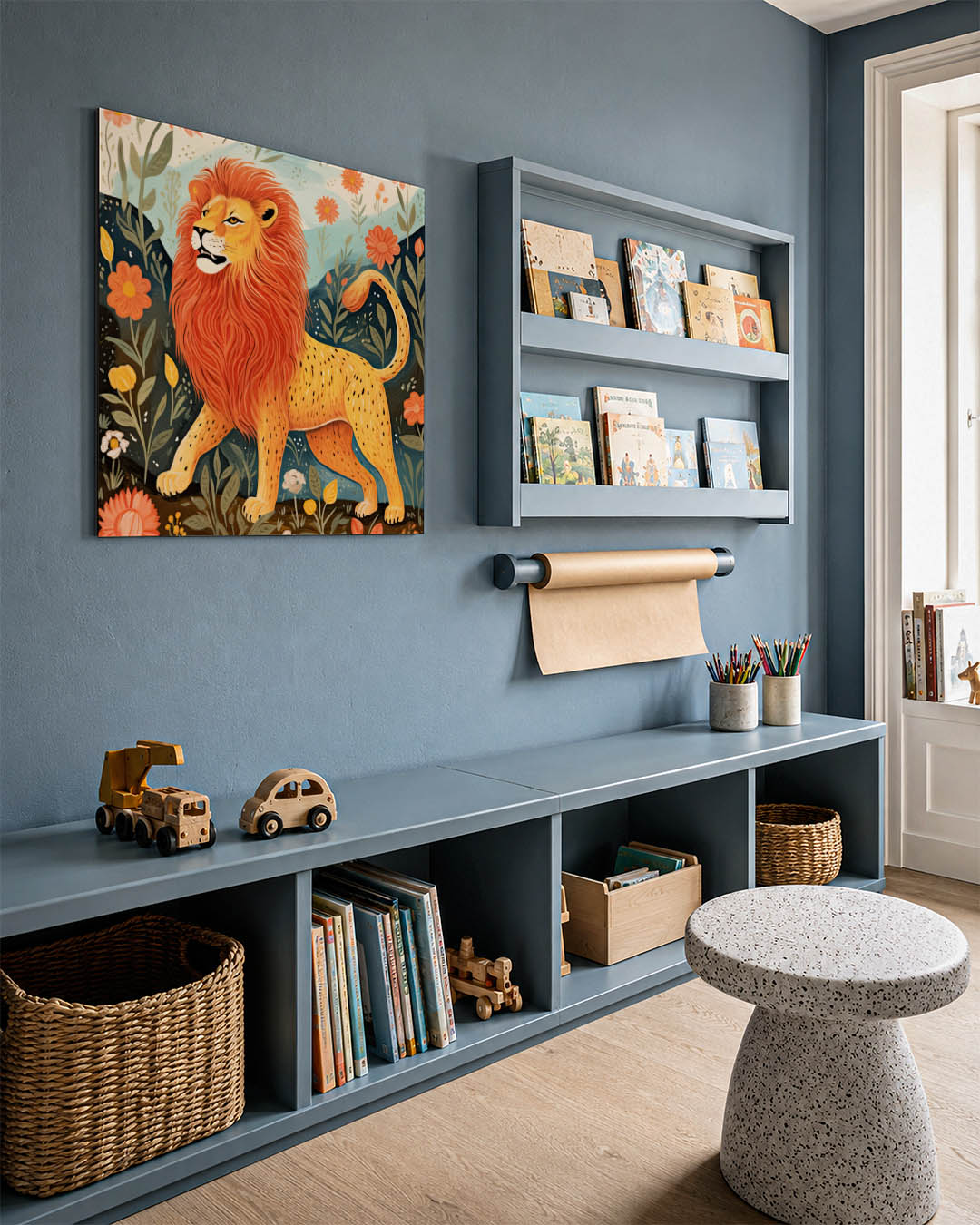 Leeuw in bloemenveld Kunstwerk