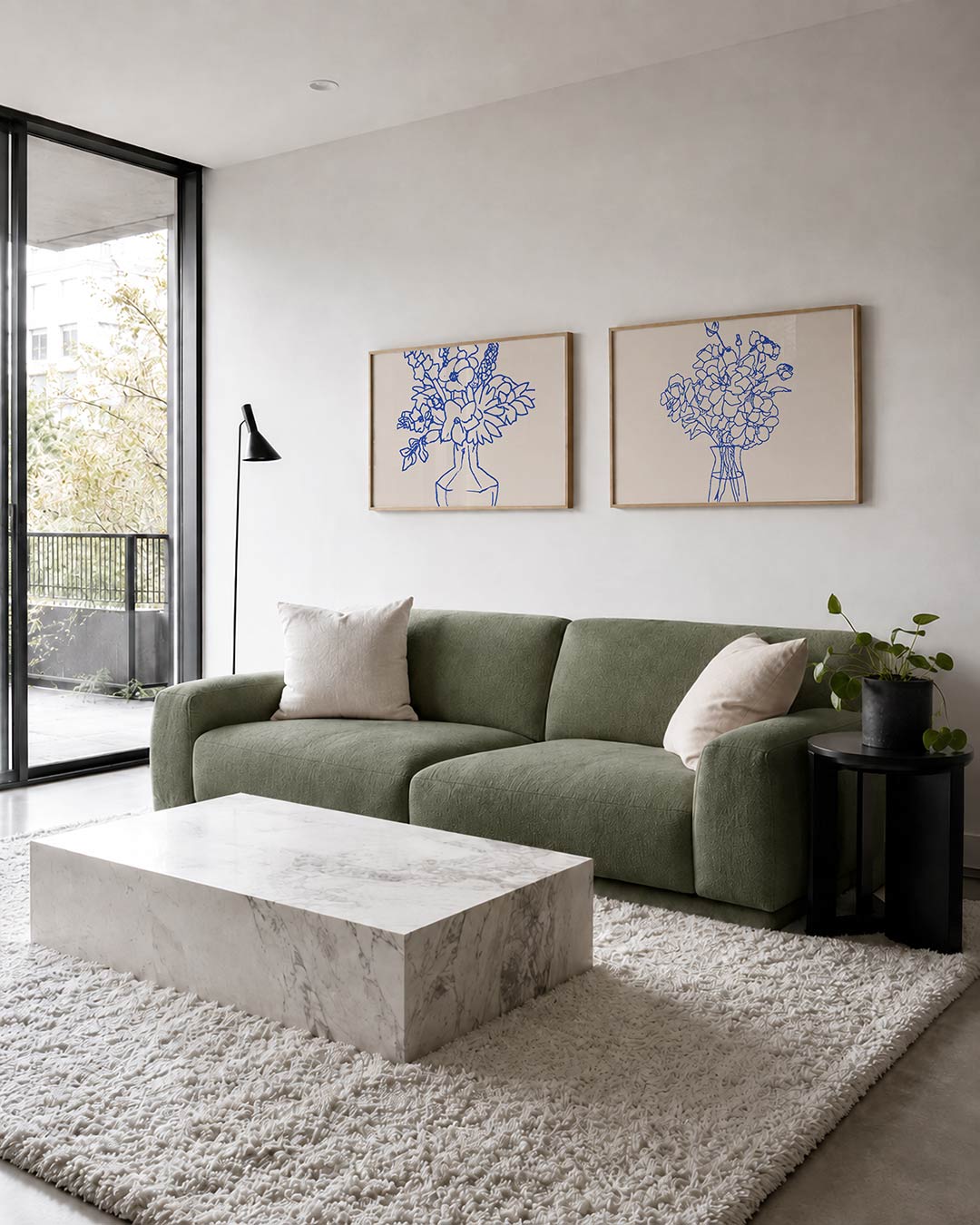 Twee liggende posters met bloemen in een vaas, getekend met vloeiende blauwe lijnen, aan de muur in een interieur