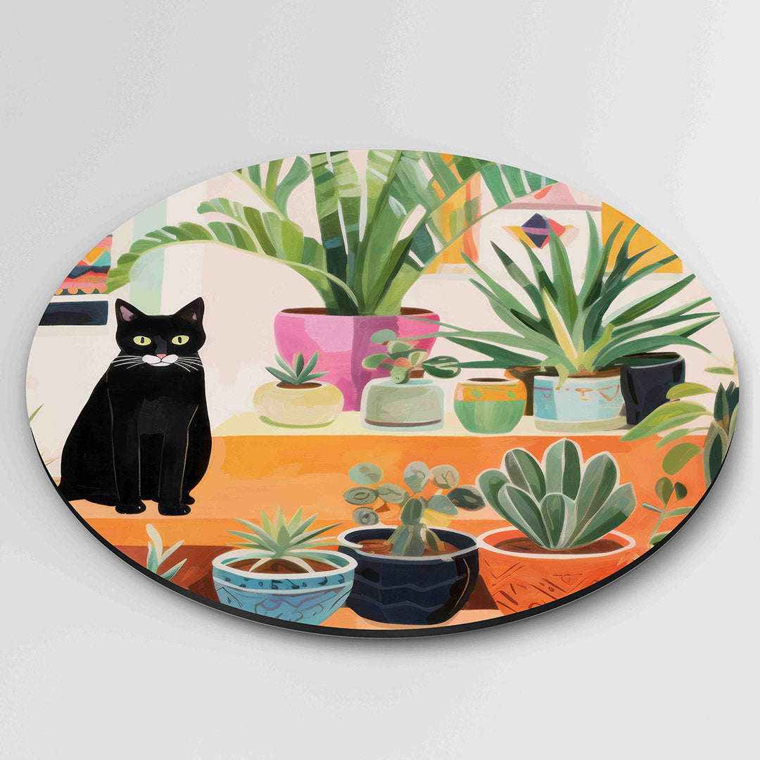 Zwarte kat met planten Muurcirkel