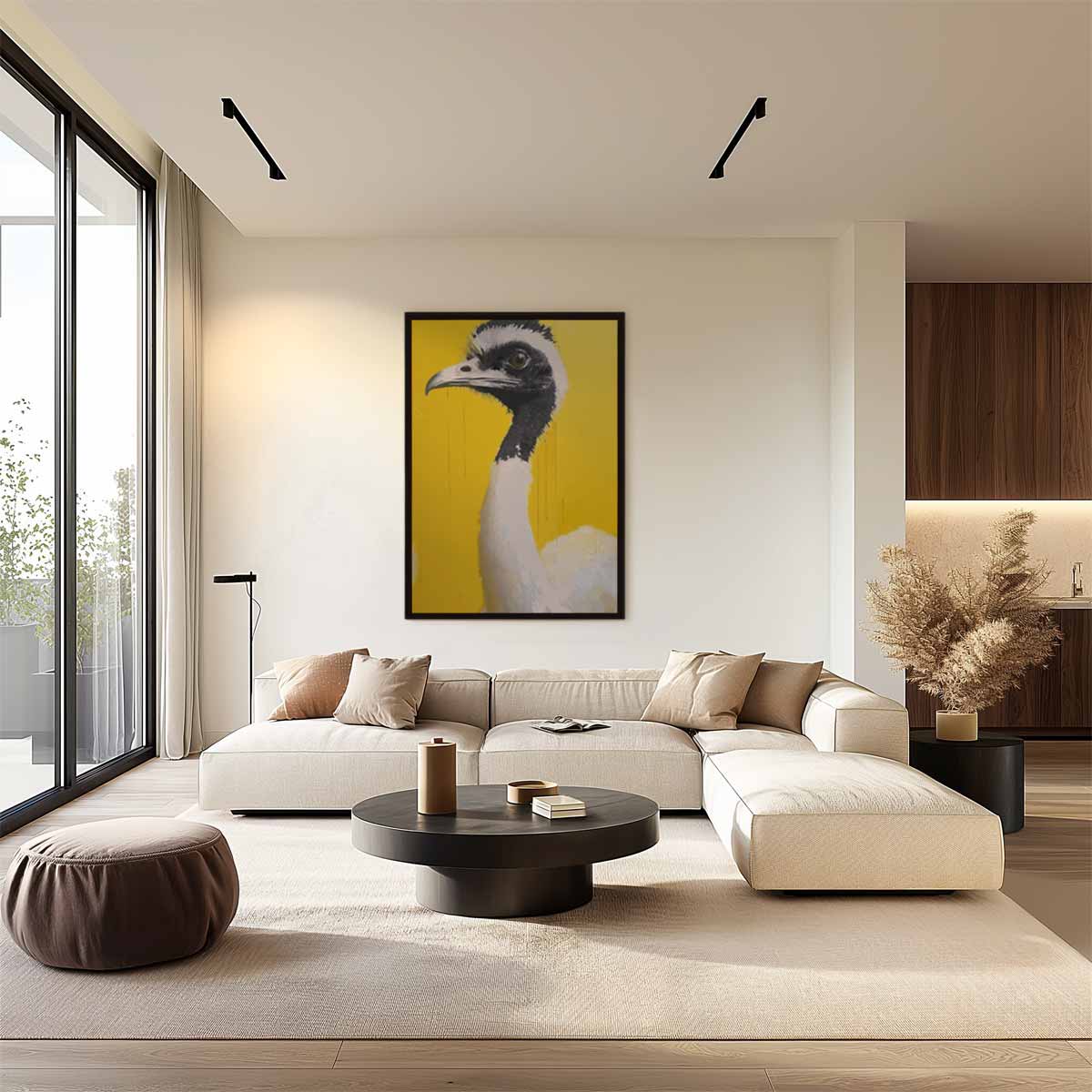 Majestueuze Vogel op Geel Kunstwerk-canvas-dibond-plexiglas-wanddecoratie-WallArtistic