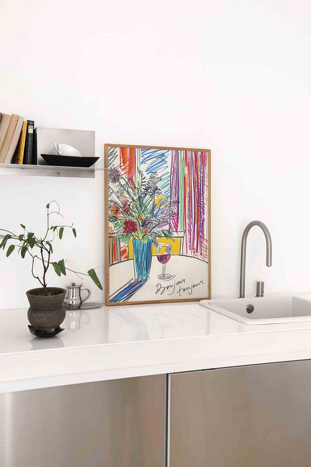 Bloemen in vaas met glas Poster