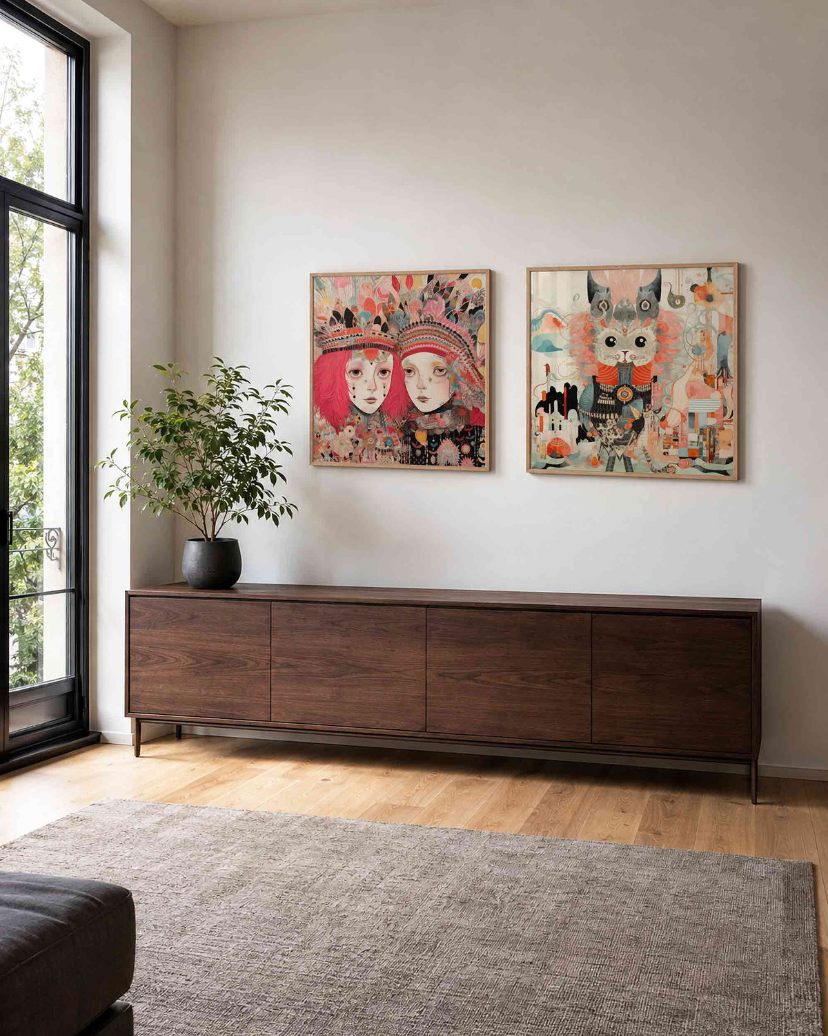 Interieurpresentatie van een tweedelige vierkante posterset met meisjes en fantasiedier