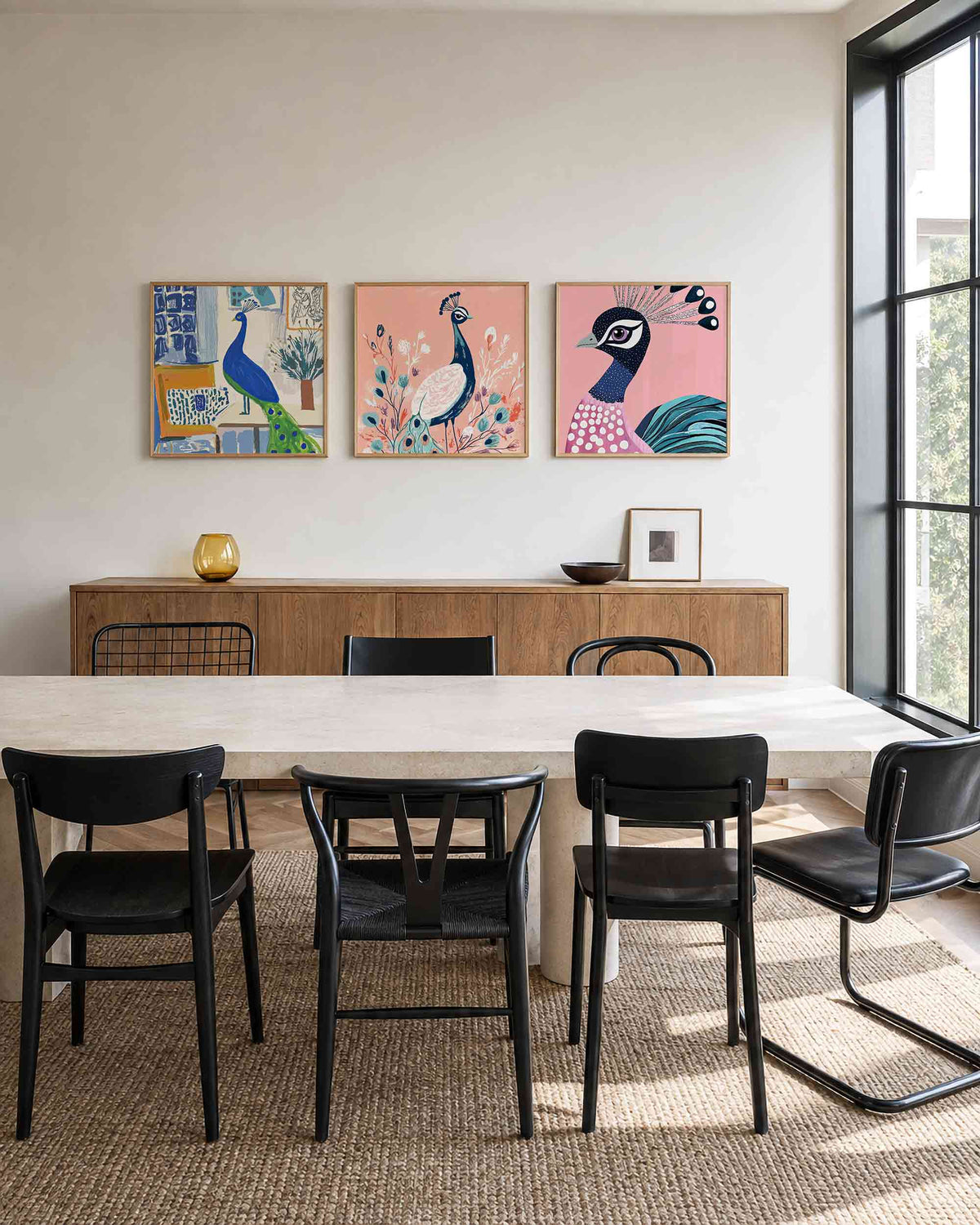 Interieurpresentatie van een driedelige vierkante posterset met pauw illustraties