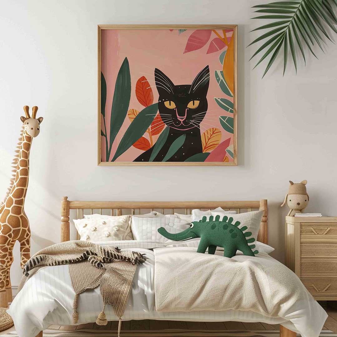 Zwarte kat en bladeren Poster