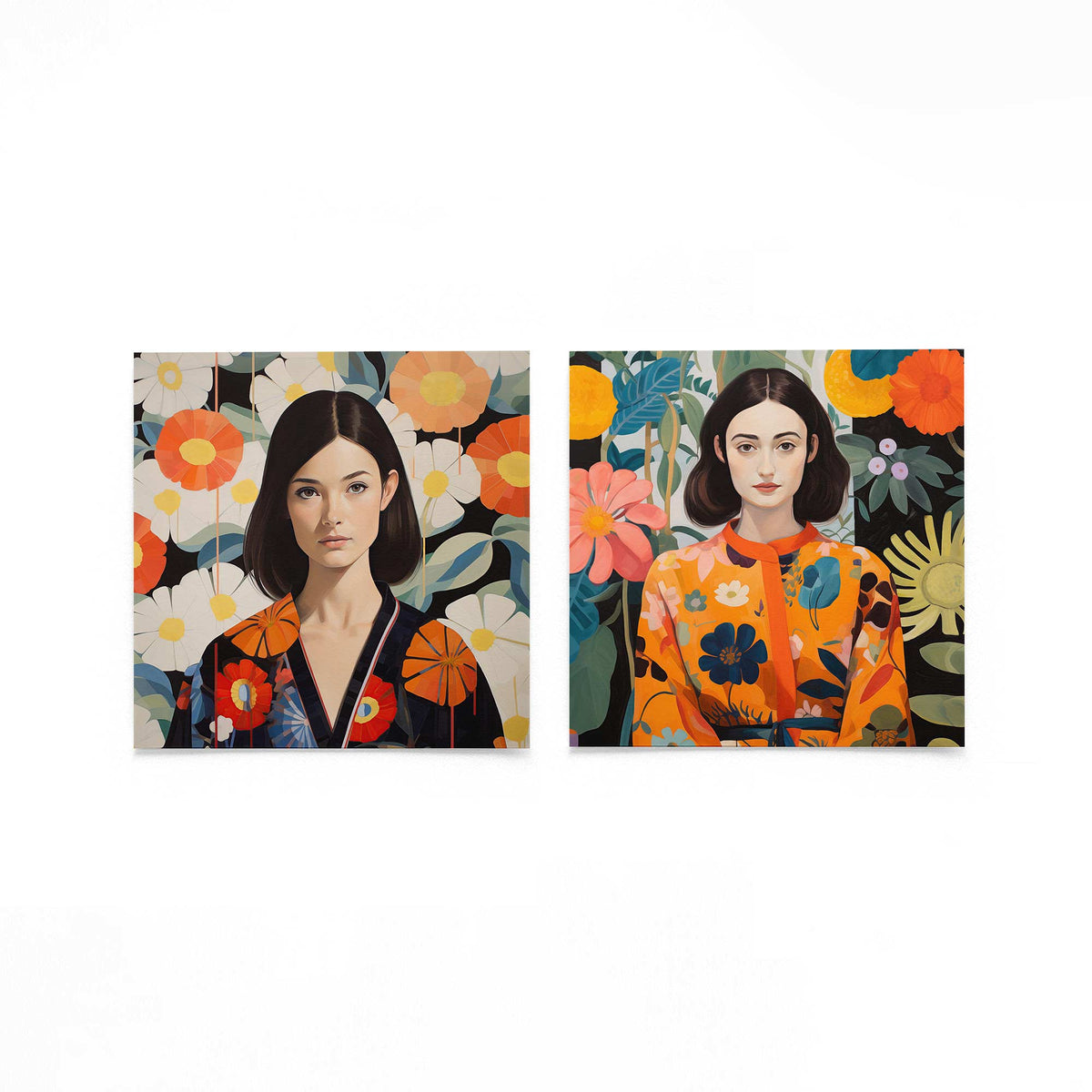 Twee vierkante posters met bloemenportretten op een gebroken witte achtergrond
