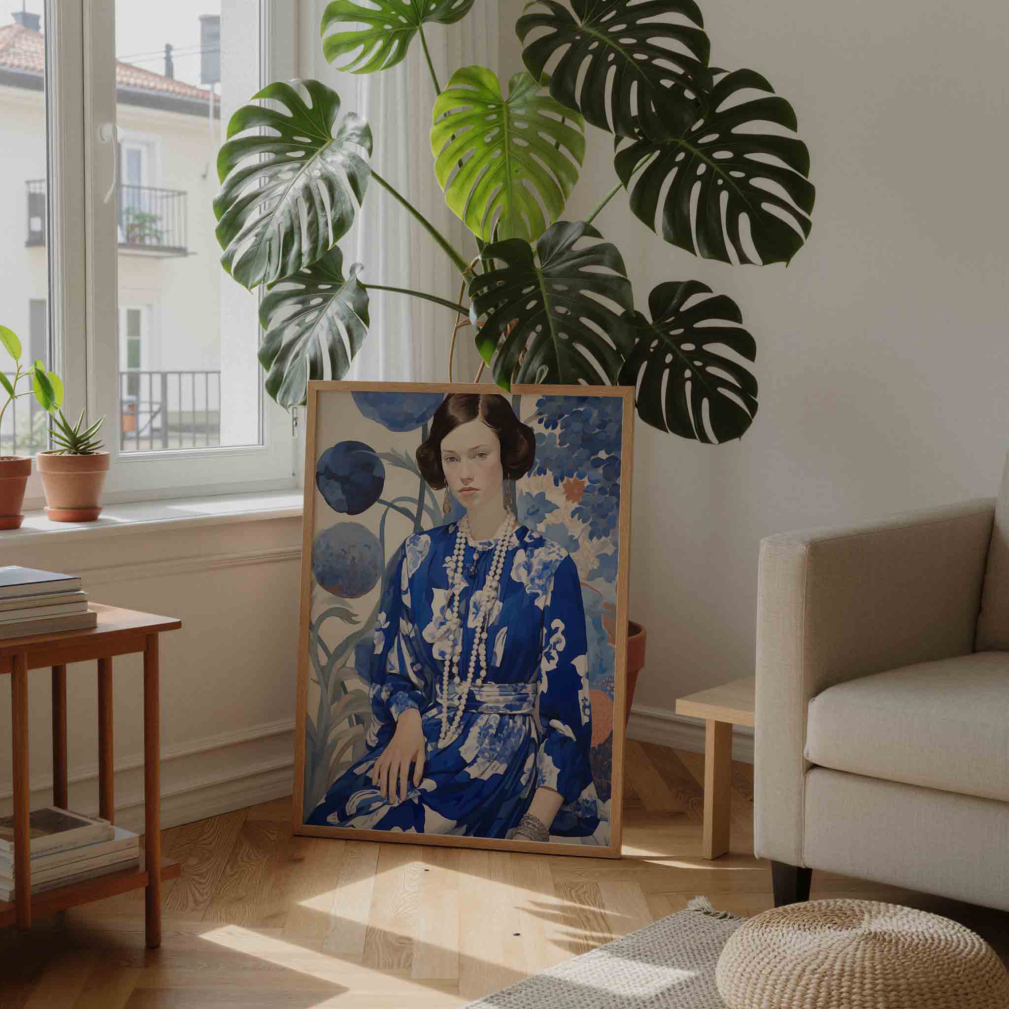 Vrouw in blauwe jurk Poster