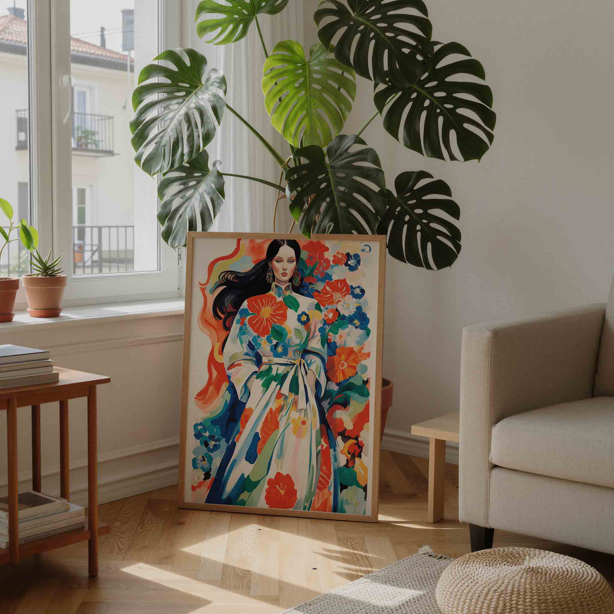 Vrouw met bloemenjurk Poster