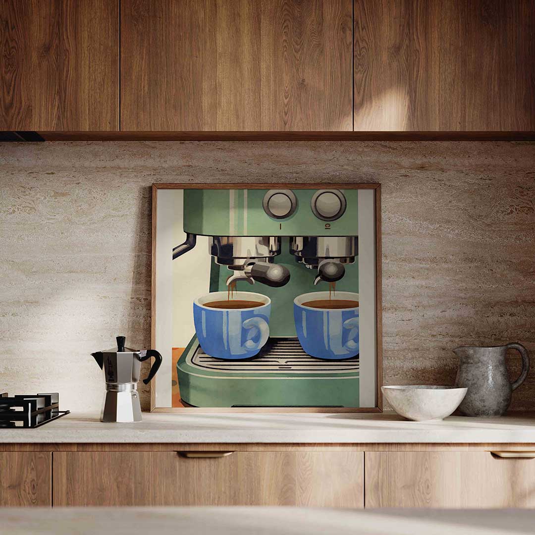 Koffiemachine met blauwe kopjes Poster