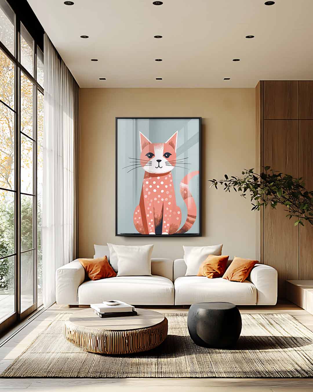 Vrolijke Gestipte Kat Kunstwerk-canvas-dibond-plexiglas-wanddecoratie-WallArtistic