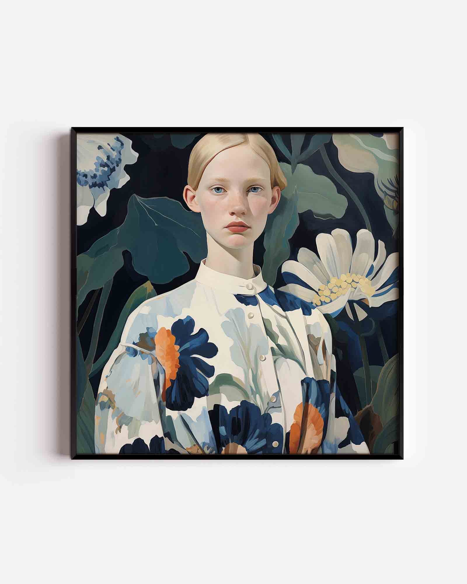 Vrouw met bloemenachtergrond Poster