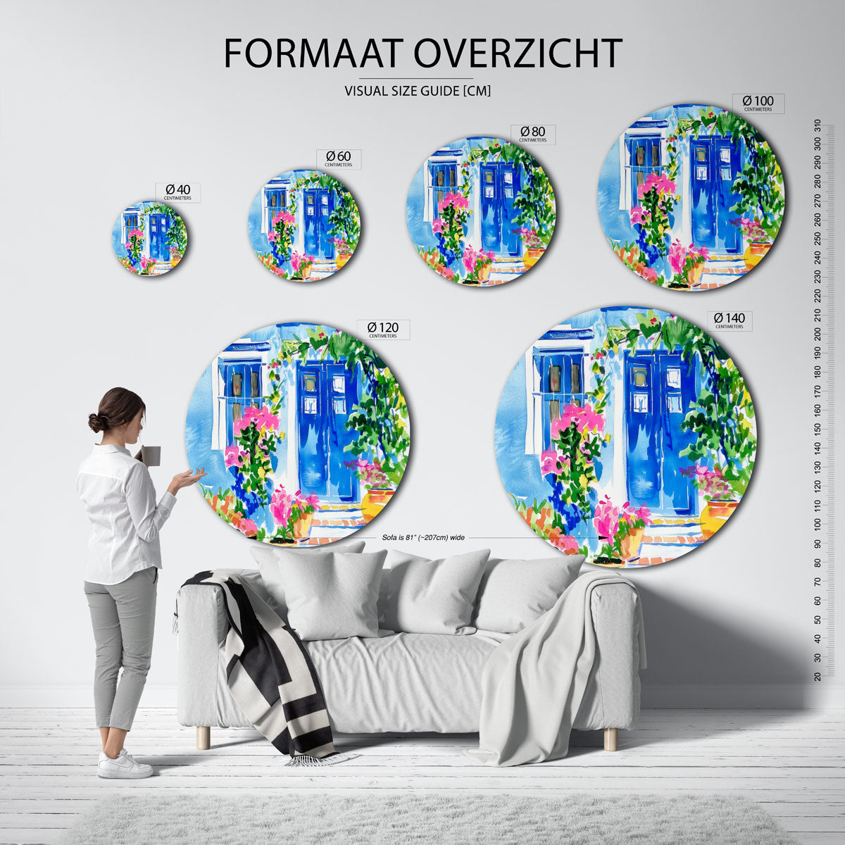 Blauwe deur met bloemen Muurcirkel