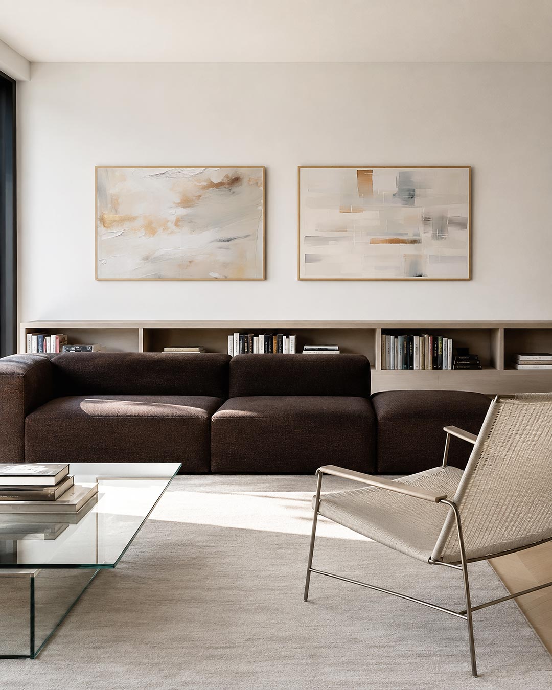 Tweedelige posterset met een vloeiende mengeling van zachte beige en witte tinten, getoond in een interieur