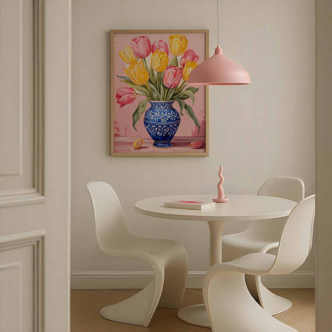 Bloeiende Tulpen in Blauwe Vaas Poster-WallArtistic