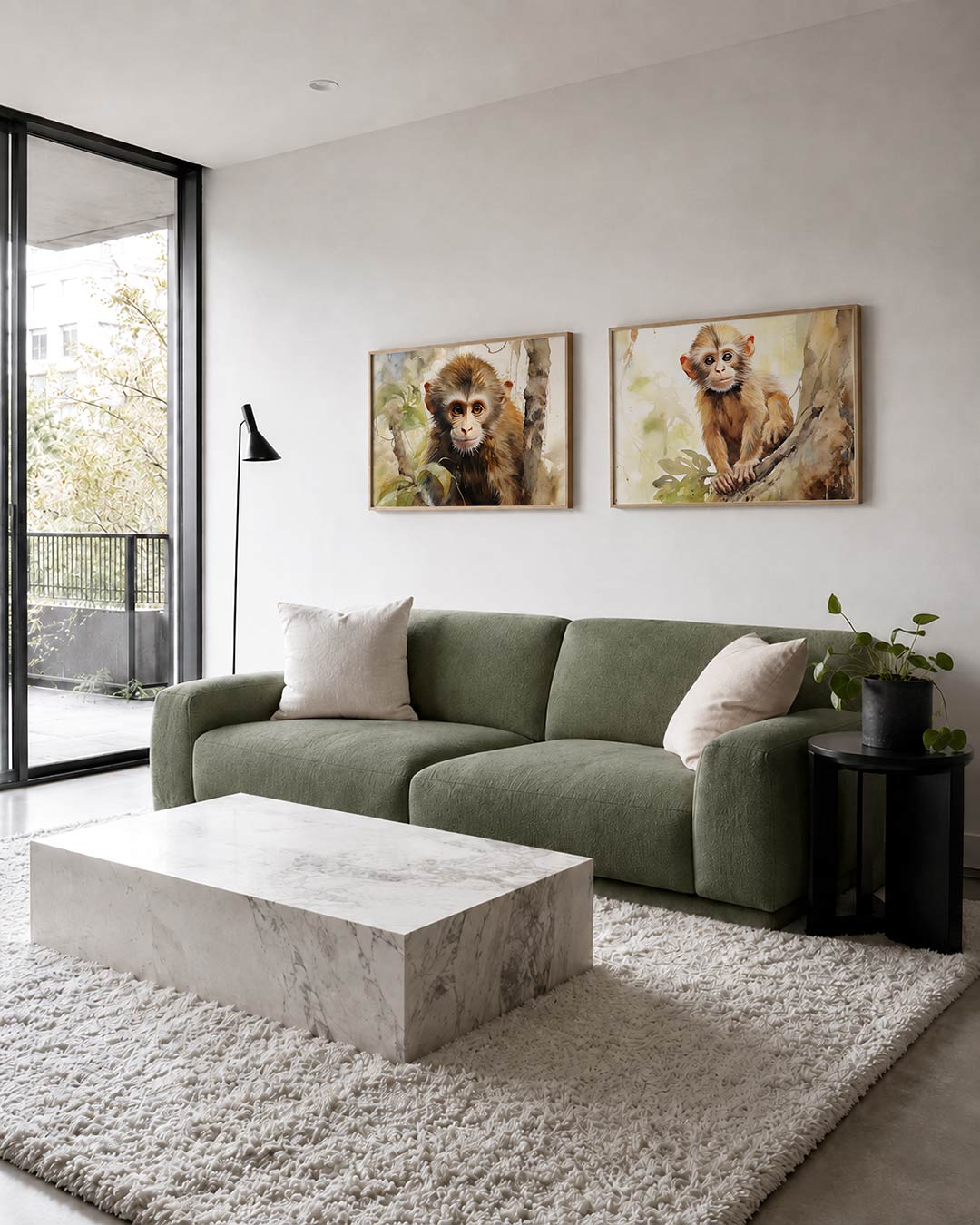 Twee liggende posters met donkere tinten en een rustige visuele opbouw, aan de muur in een interieur