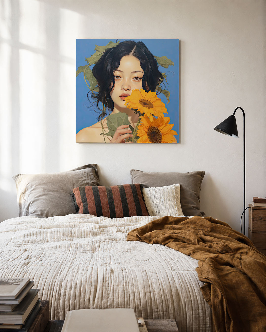 Vrouw met zonnebloemen Kunstwerk