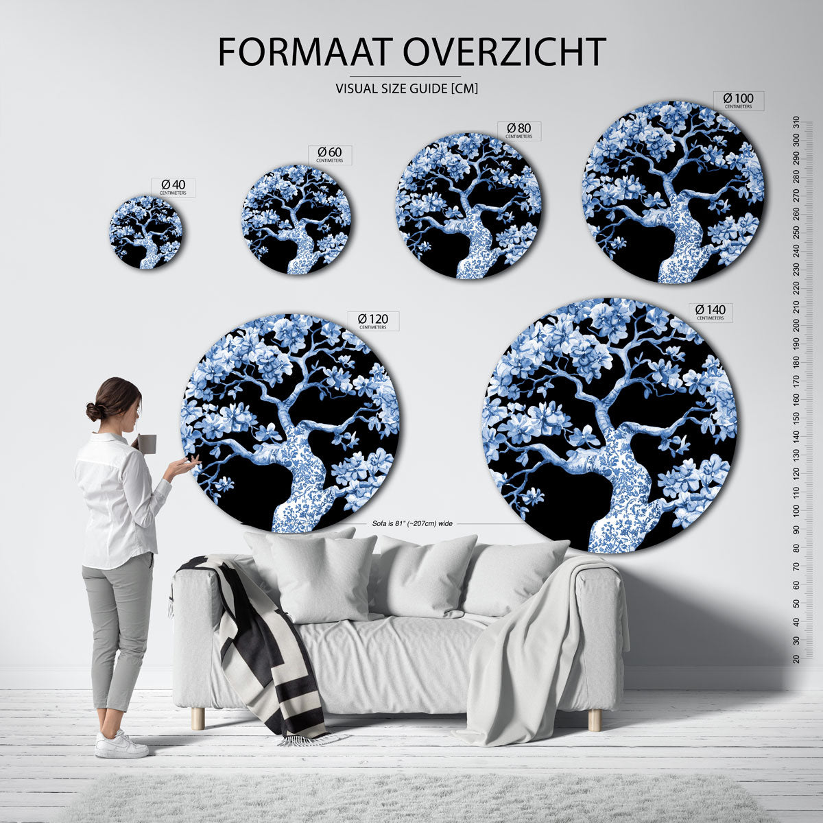 Blauwe boom met bloemen Muurcirkel