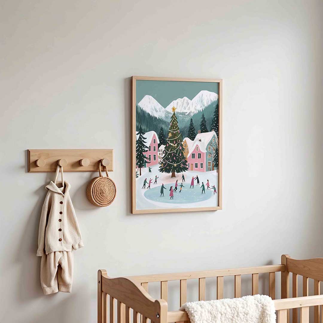 Schaatsende mensen bij kerstboom Poster