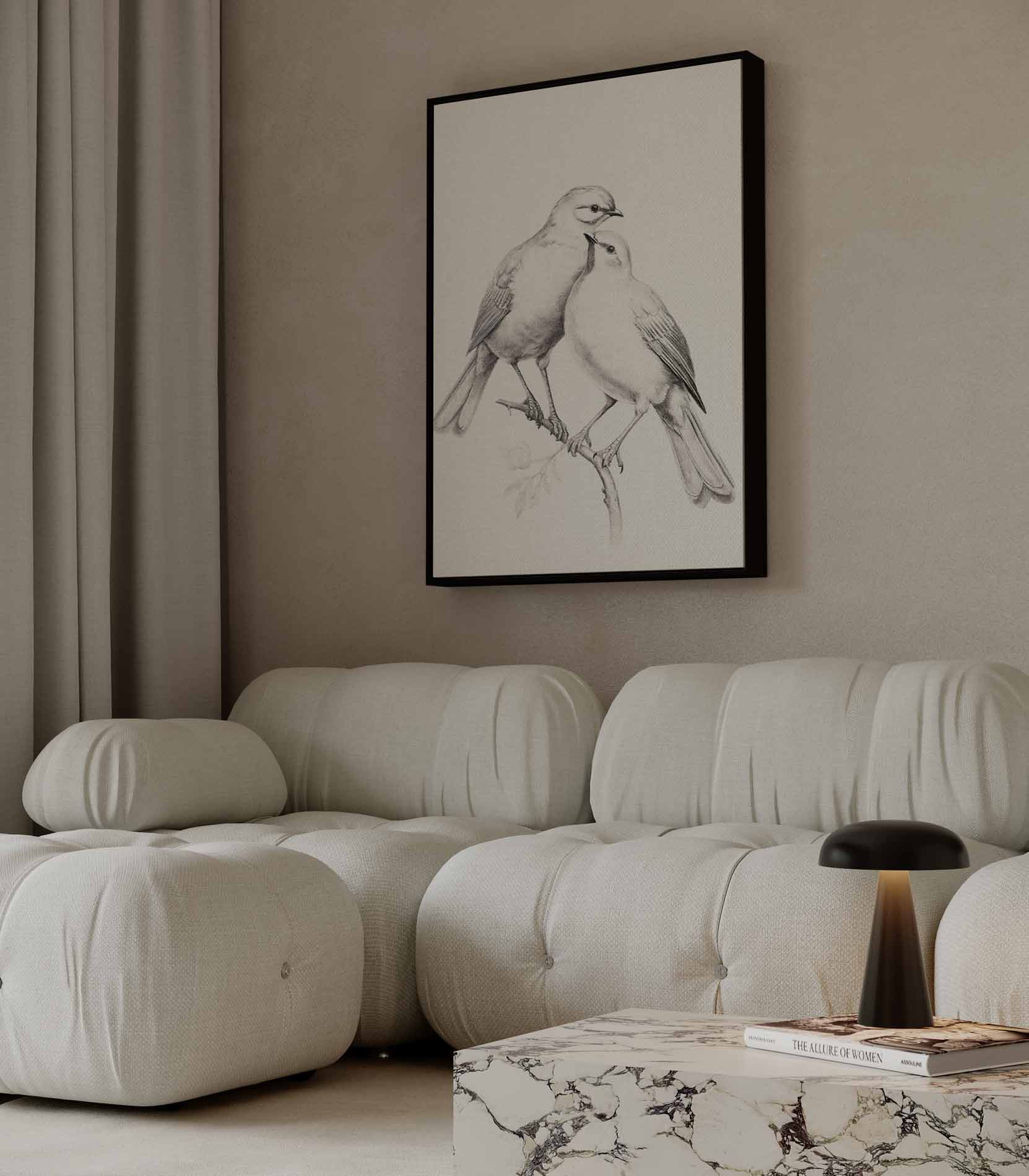 Romantische Vogelschets Kunstwerk-canvas-dibond-plexiglas-wanddecoratie-WallArtistic