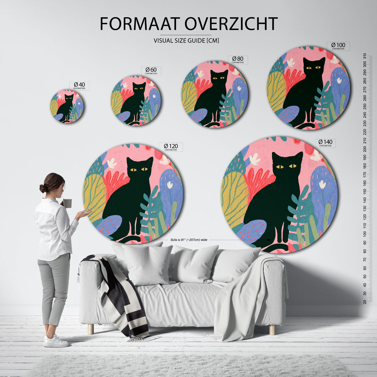 Zwarte kat en bladeren Muurcirkel