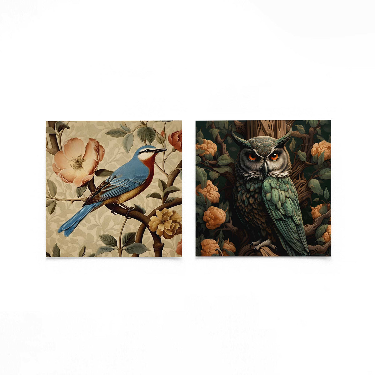 Twee vierkante posters met vogels en bloemen op een gebroken witte achtergrond
