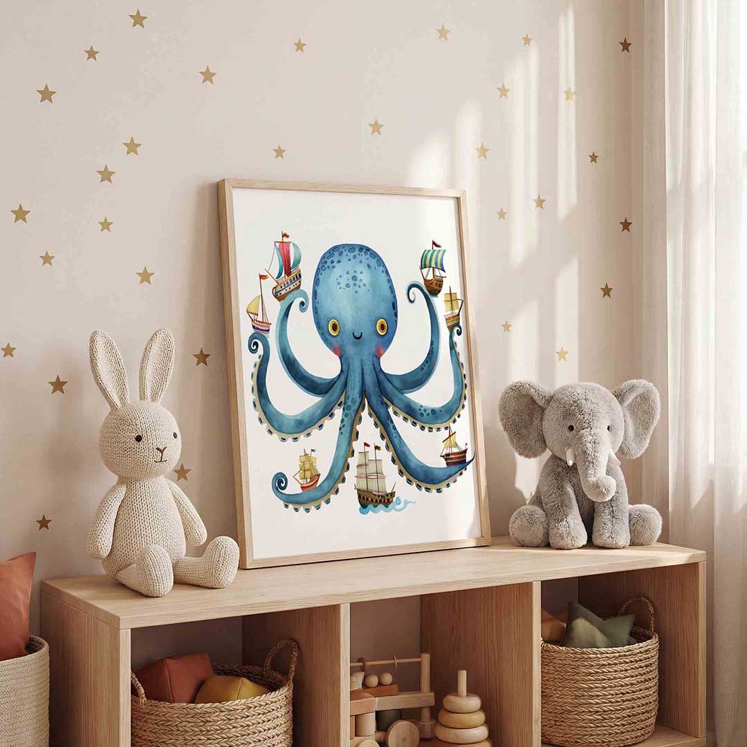 Blauwe octopus met schepen Poster