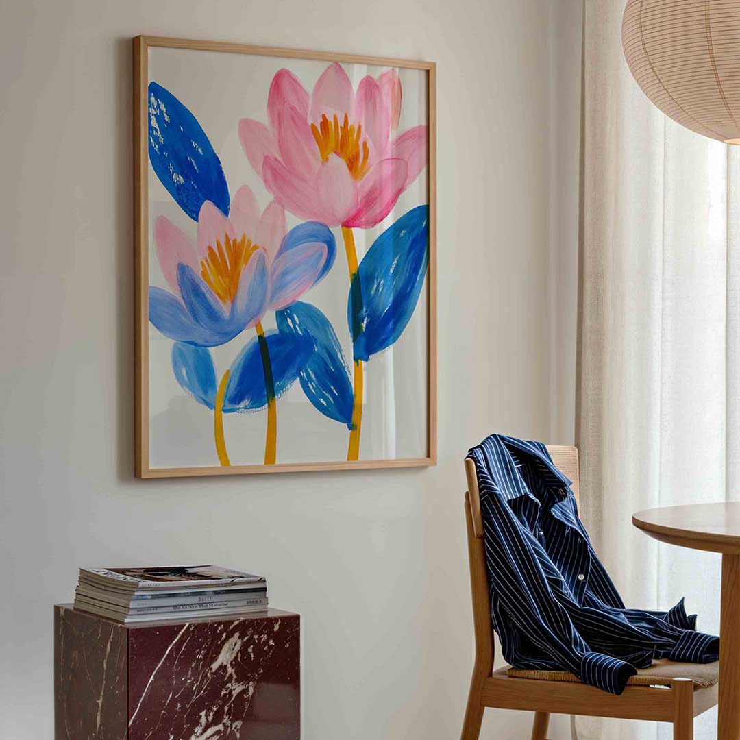 Bloemen in blauw en roze Poster