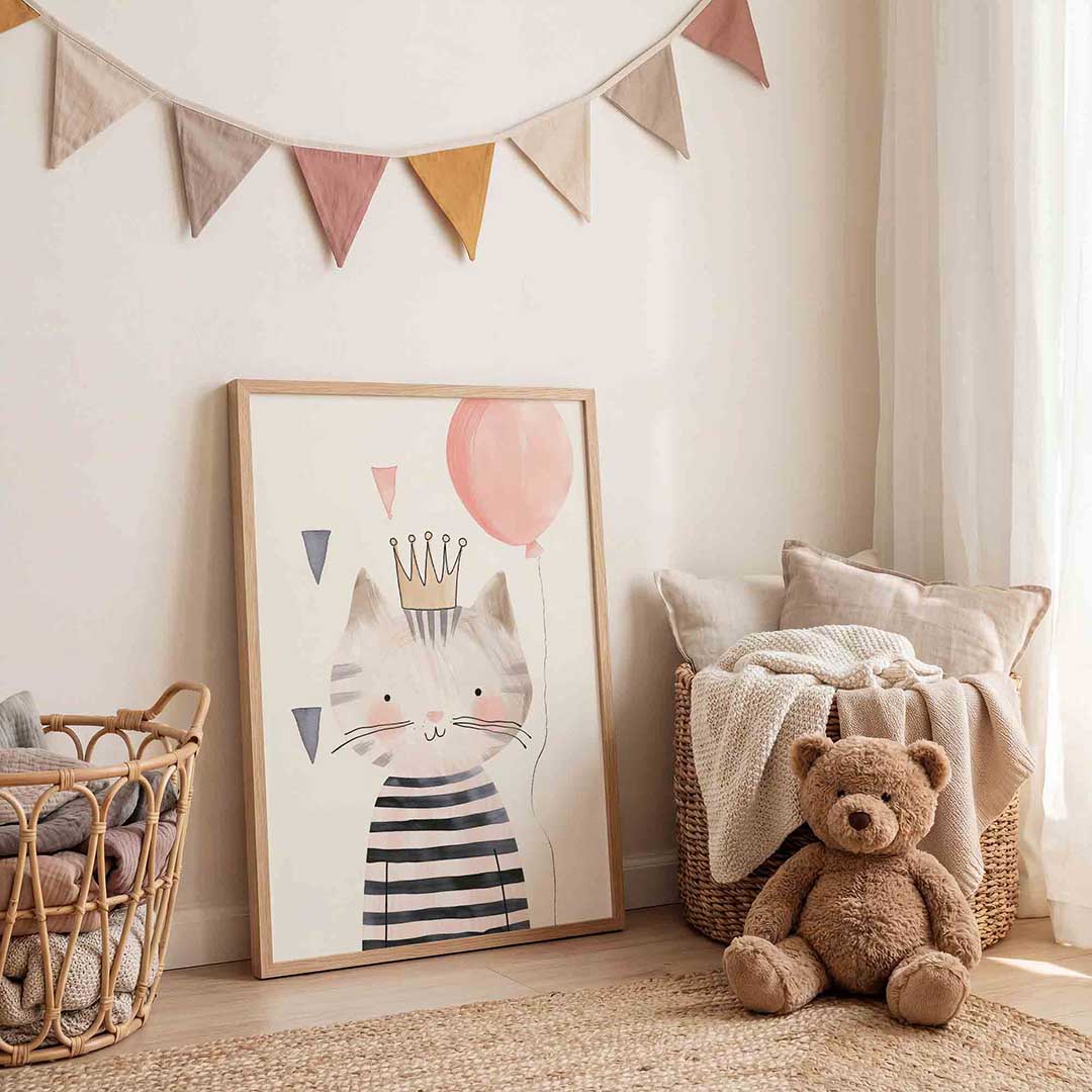 Kat met kroon en ballon Poster