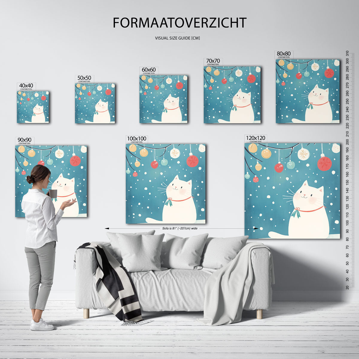 Witte kat met kerstballen Poster