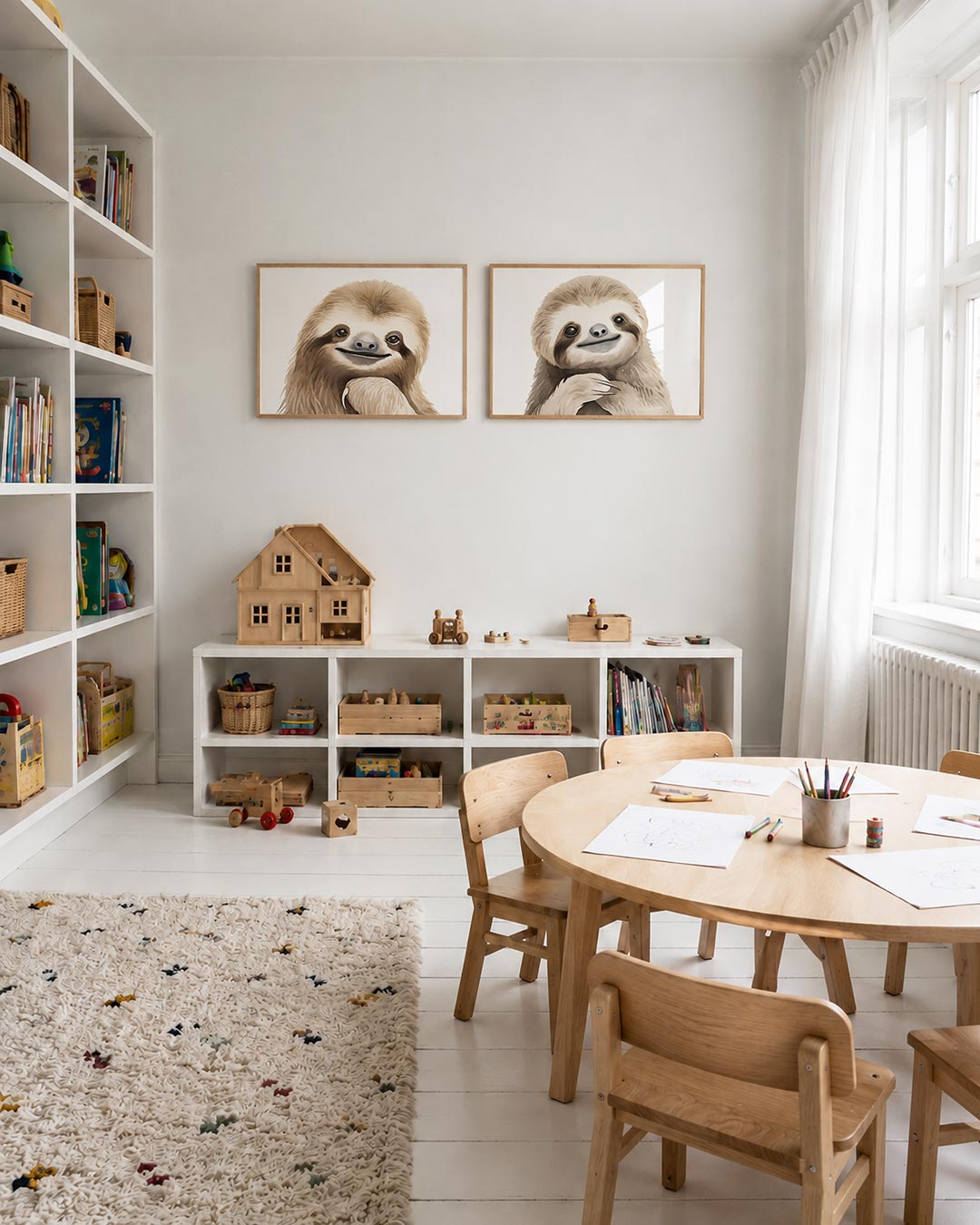 Interieurpresentatie van twee posters met donkere tinten en een rustige visuele opbouw