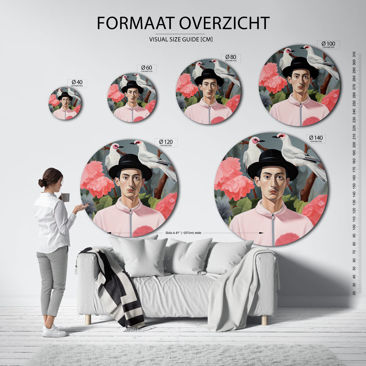 Portret met vogels en bloemen Muurcirkel