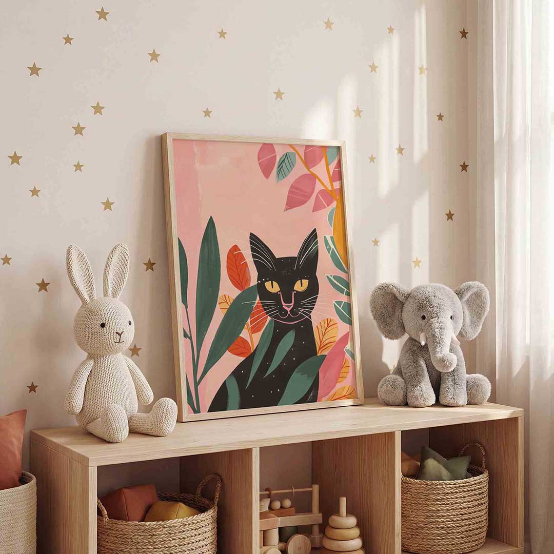 Zwarte kat met bladeren Poster