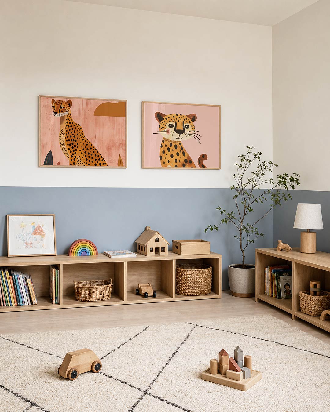 Interieurpresentatie van twee posters met een sierlijke cheetah met zwarte vlekken op een zachte, roze achtergrond