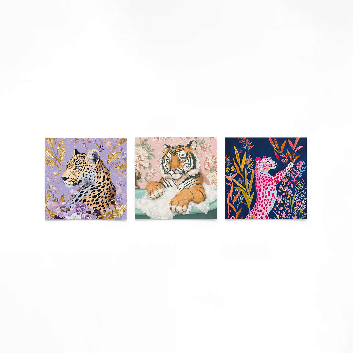 Drie vierkante posters met grote katten op een gebroken witte achtergrond