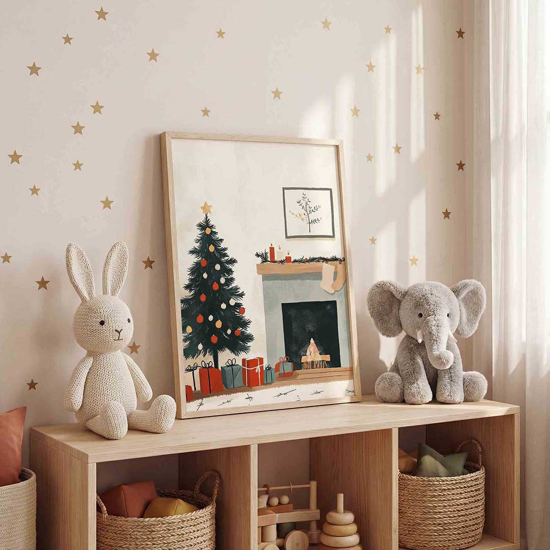 Kerstboom en open haard Poster