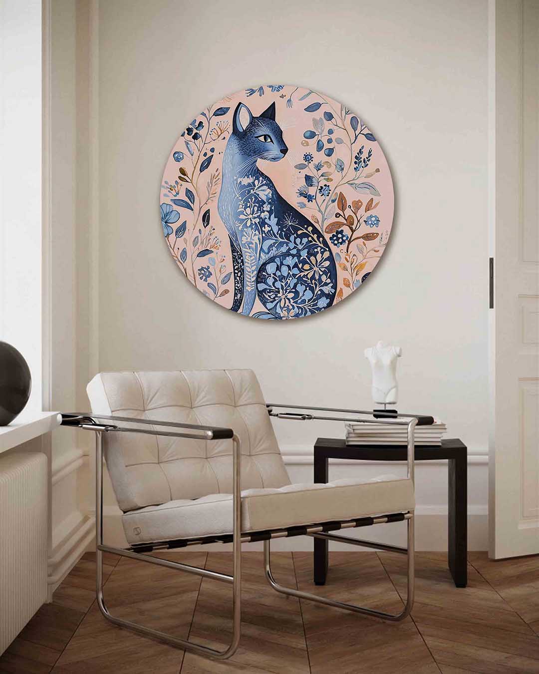 Blauwe kat en bloemen Muurcirkel