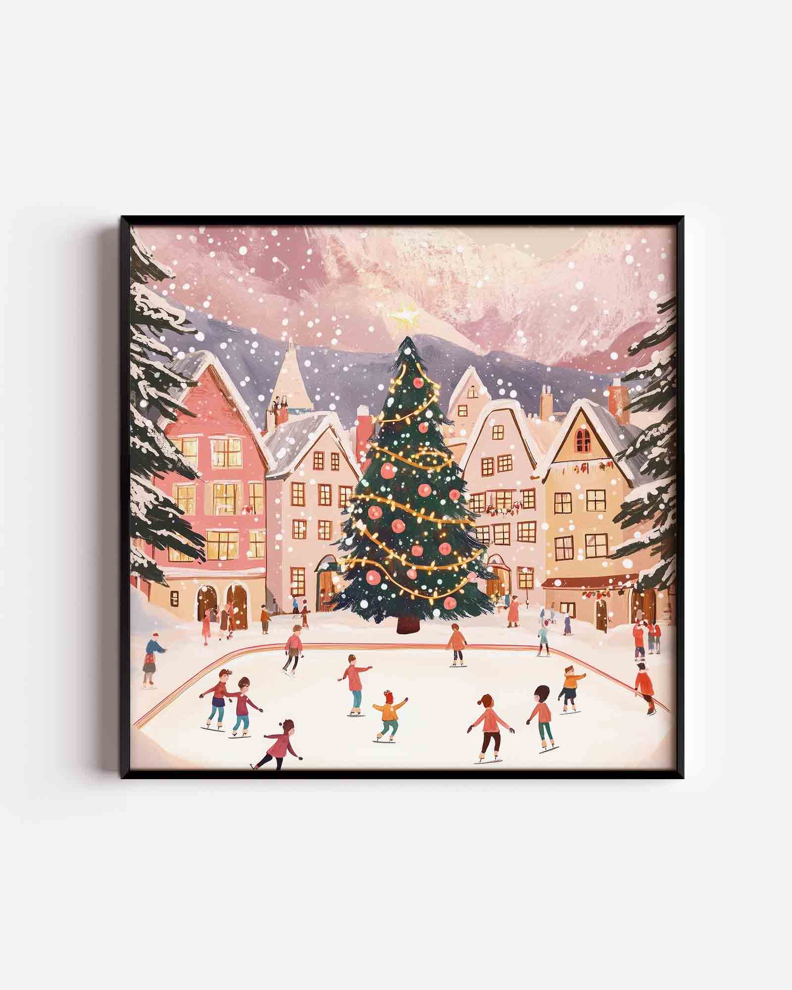 Schaatsende mensen bij kerstboom Poster