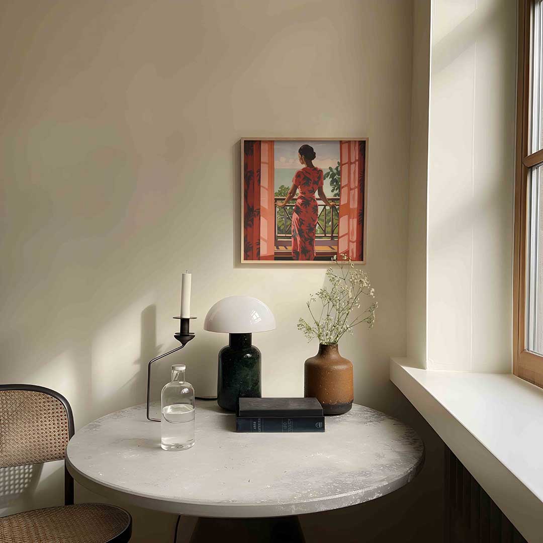 Vrouw op balkon Poster