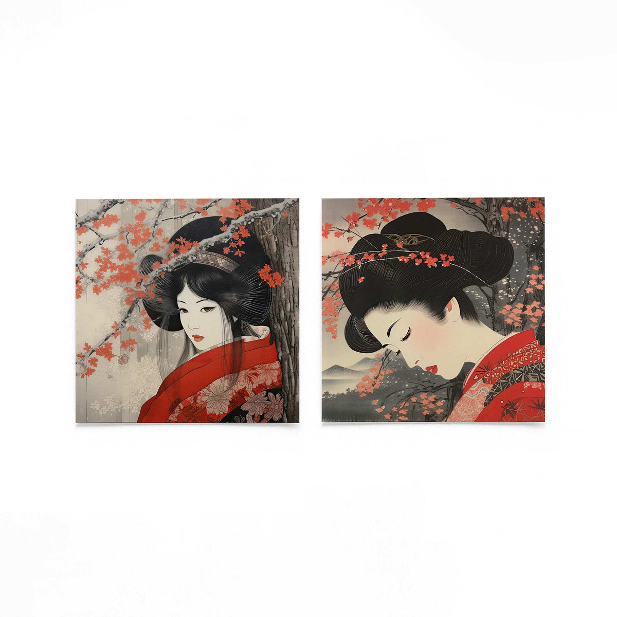 Twee vierkante posters met japanse vrouwen op een gebroken witte achtergrond