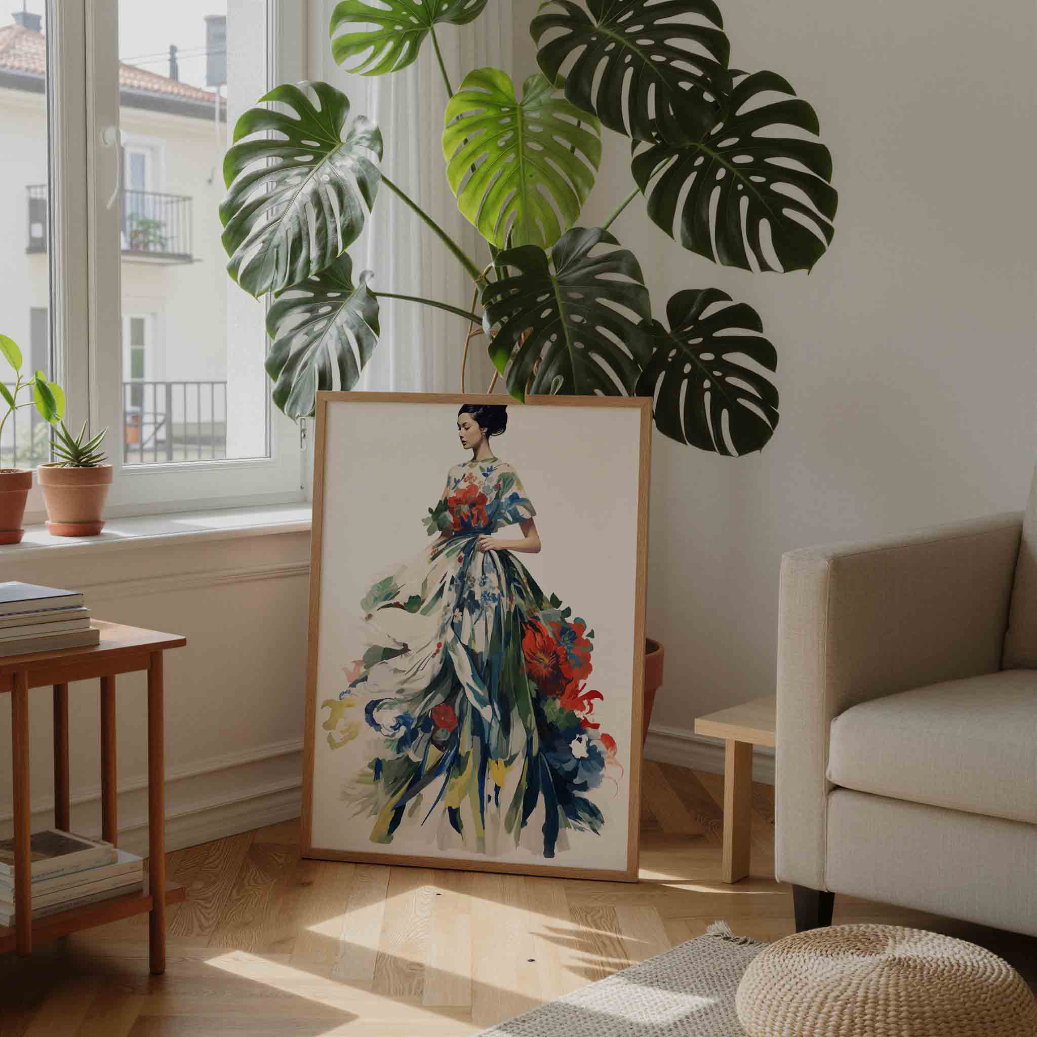 Vrouw in bloemenjurk Poster