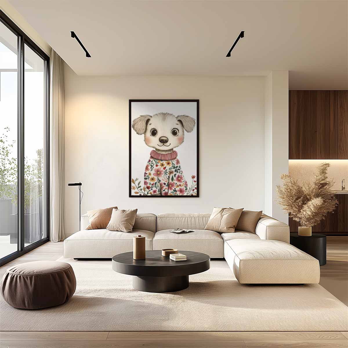 Lieve Hond met Bloemenoutfit Kunstwerk-canvas-dibond-plexiglas-wanddecoratie-WallArtistic