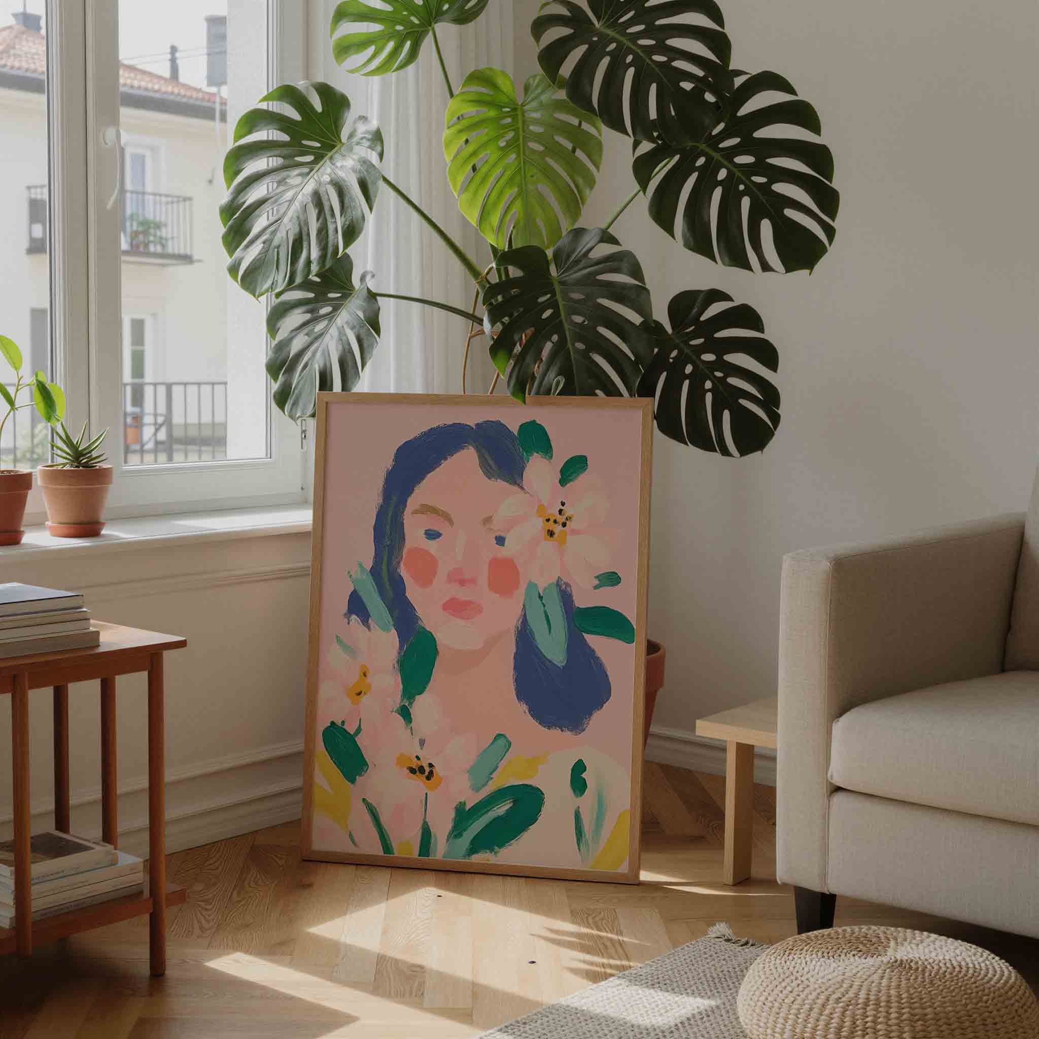 Bloemen en gezicht Poster
