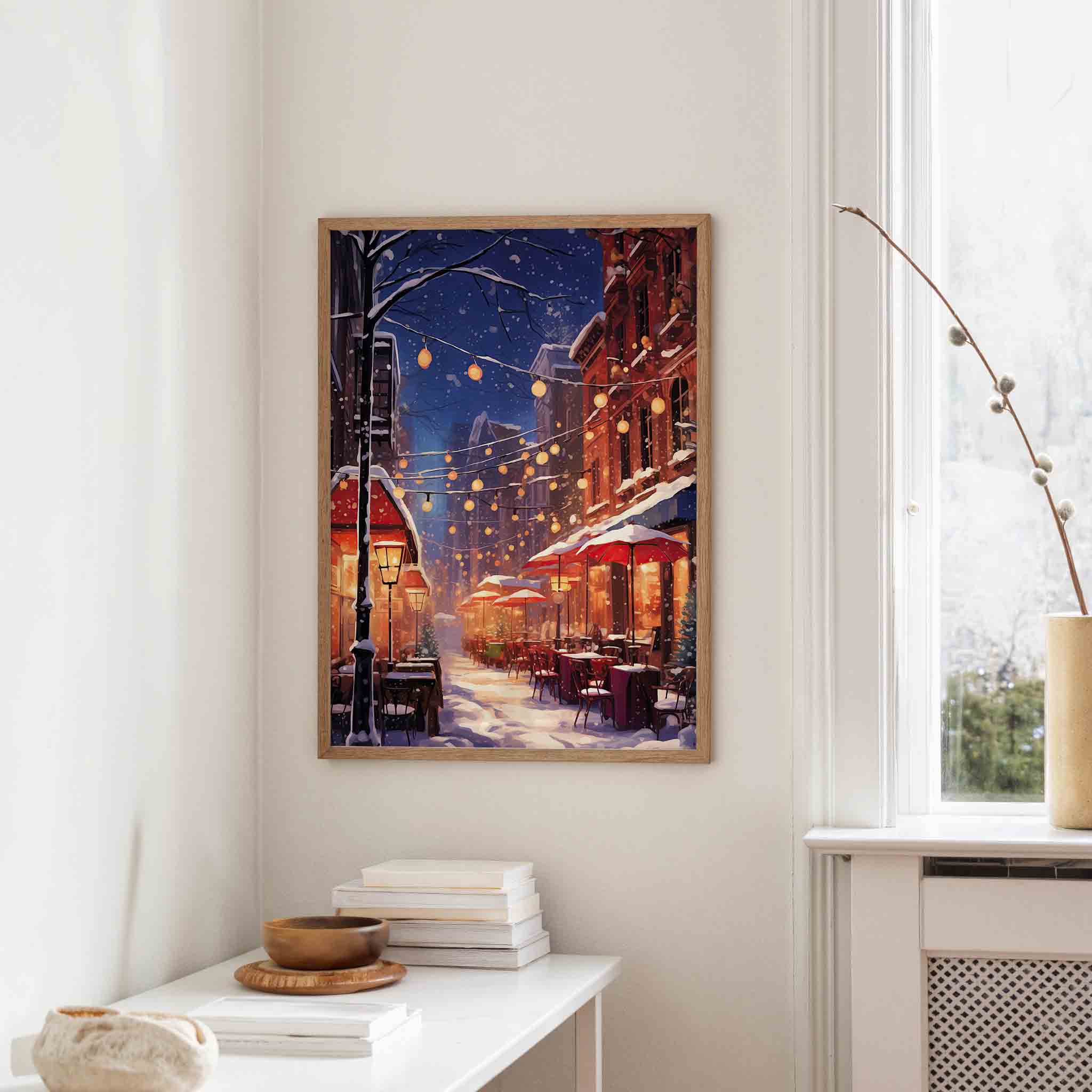 Winterse straat met verlichting Poster