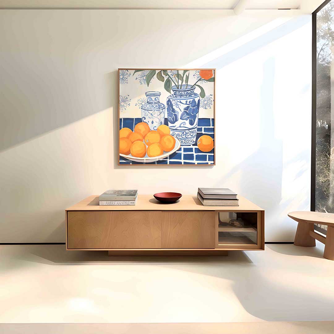 Blauwe vazen en sinaasappels Poster
