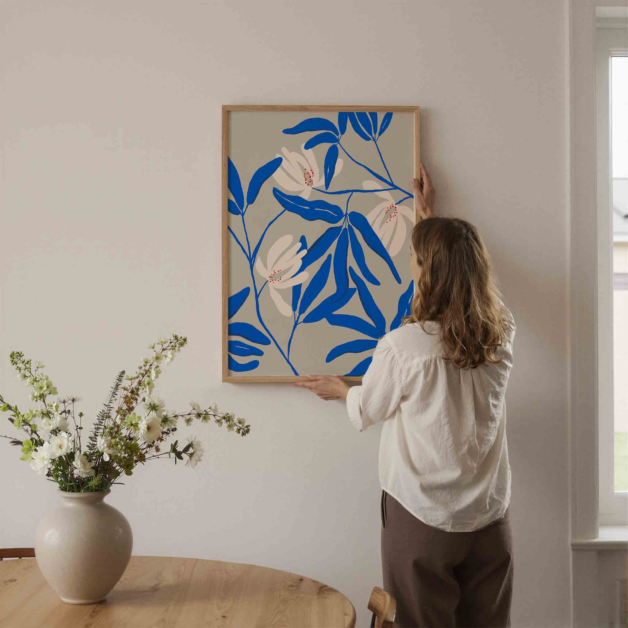Blauwe bladeren en bloemen Poster